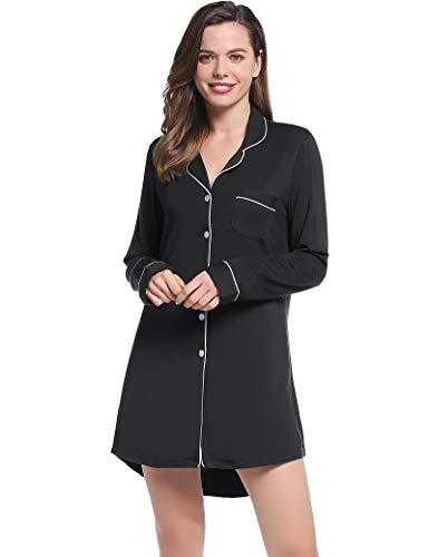 Joyaria Damen Nachthemd Langarm Knopfleiste Nachtwäsche Schlafkleid/Schlafhemd Weich Baumwolle(Schwarz,M) von Joyaria