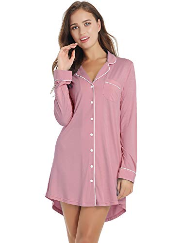 Joyaria Damen Nachthemd Langarm Knopfleiste Nachtwäsche Schlafkleid/Schlafhemd Weich Baumwolle(Staubige Rosa,M) von Joyaria