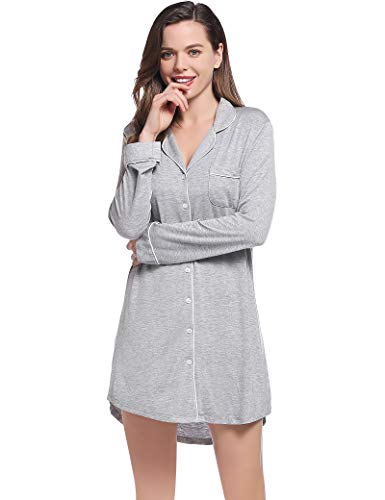 Joyaria Damen Nachthemd Langarm Sleepshirt Nachtkleid Kurz Knöpfe Schlafshirt Nachtwäsche für Frauen(Grau,XL) von Joyaria