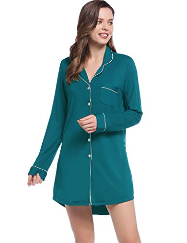 Joyaria Damen Nachthemd Langarm Sleepshirt Nachtkleid Kurz Knöpfe Schlafshirt Nachtwäsche für Frauen(Grün,XL) von Joyaria