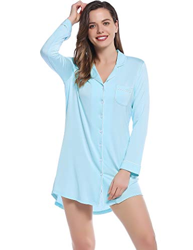 Joyaria Damen Nachthemd Langarm Sleepshirt Nachtkleid Kurz Knöpfe Schlafshirt Nachtwäsche für Frauen(Hellblau,XL) von Joyaria
