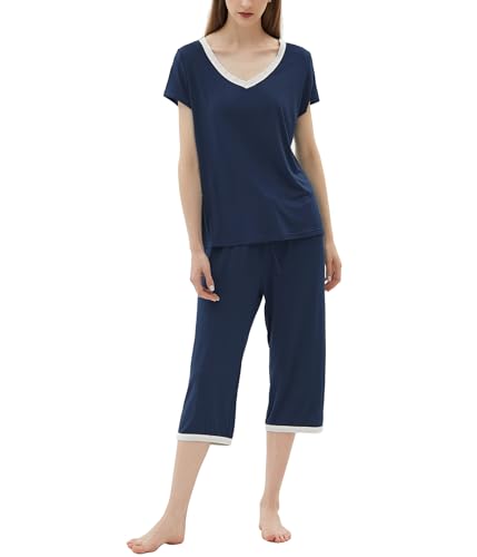 Joyaria Damen Schlafanzug Kurz-Top mit 3/4 Pyjamahose Coole Sommer Pyjamas Zweitiliger Bambus Loungewear Weicht Sleepwear(Marineblau,XXL) von Joyaria