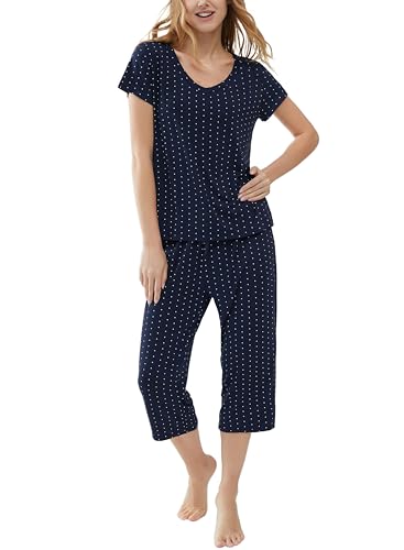 Joyaria Damen Schlafanzug Kurz-Top mit 3/4 Pyjamahose Coole Sommer Pyjamas Zweitiliger Bambus Loungewear Weicht Sleepwear(Marineblau gepunktet,XXL) von Joyaria