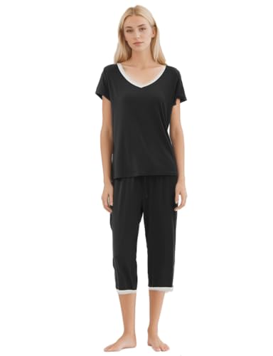 Joyaria Pyjamas Set Damen kurzärmligen Schlafanzug Capri 3/4 Lang Hose Sommer Nachtwäsche(Schwarz, XXL) von Joyaria