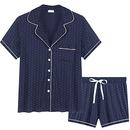 Joyaria Damen Pyjama Kurz Baumwolle Schlafanzug mit Knopfleiste/Knöpfe Geknöpft Kurzarm Nachtwäsche Hausanzug(Blauer Punkt, Größe XL) von Joyaria