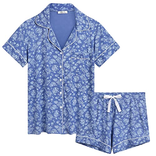 Joyaria Damen Pyjama Kurz Weich Schlafanzug mit Knopfleiste Kurzarm Zweiteiliger Hausanzug Baumwolle(Himmelblau,Größe S) von Joyaria