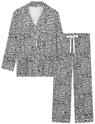 Joyaria Damen Schlafanzug Lang mit Knopfleiste/Winter Knöpfen Pyjama Langarm für Winter Nachtwäsche Hausanzug Zweiteiliger （Schwarz Leopard,Größe S von Joyaria