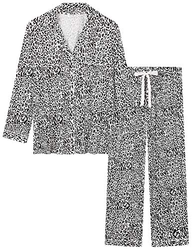 Pyjama Damen Winter Schlafanzug Zweiteiliger Lang Hausanzug Sleepwear mit Langarm Knöpfen Top und Pyjamahose(Schwarz Leopard,S) von Joyaria