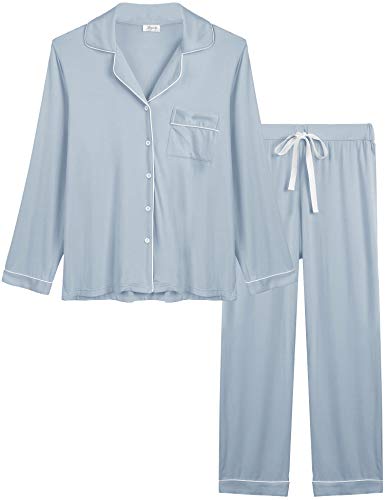 Joyaria Damen Schlafanzug Lang mit Knopfleiste/Winter Knöpfen Pyjama Langarm für Winter Nachtwäsche Hausanzug Zweiteiliger （Staubiges Blau,Größe S von Joyaria