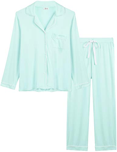 Joyaria Damen Pyjama Lang mit Knopfleiste Winter Schlafanzug Langarm Nachtwäsche Bequeme Hausanzug Warme Zweitiliger(Minzgrün,XXL) von Joyaria