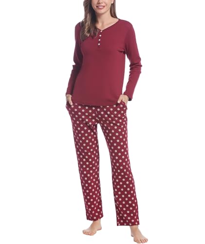 Joyaria Frottee Schlafanzug Damen Lang Christmas Pyjama-Set Flanell V-Ausschnitt Nachtwäsche Winter für Frauen Weich Hausanzug Warm Lougewear mit Knöpfen(Weinrot/Blumuster,XL) von Joyaria