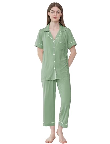 Joyaria Damen Schlafanzug Kurz Pyjamas Set für Frauen mit Knöpfe Zweiteiliger Nachtwäsche Loungewear mit V-Ausschnitt Kurzarm und 3/4 Hose(Salbei Grün,XXL) von Joyaria