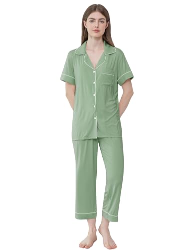 Joyaria Schlafanzug Damen Kurzarm Zweiteiliger Pyjama Set Kurz Sommer Nachtwäsche V-Ausschnitt Hausanzug Viskose Sleepwear mit Knöpfe und Caprihose(Salbei Grün,L) von Joyaria