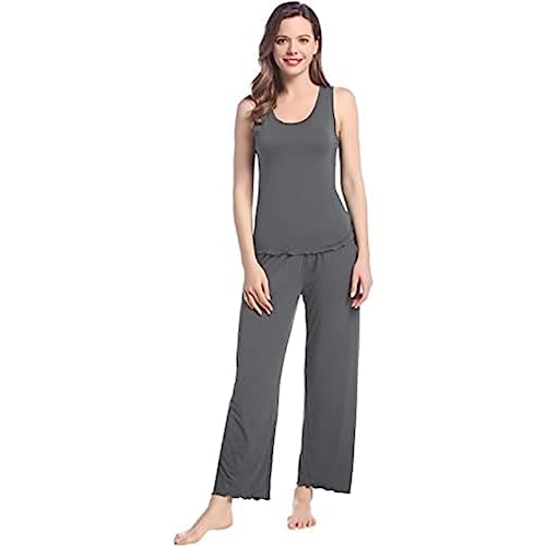 Joyaria Damen Pyjama-Set Sommer Kurz mit Ärmellos-Top und Lange Pyjamahose Viskose aus Bambus Schlafanzug Zweiteilige Leicht Hausanzug Nachtwäsche Loungewear(Dunkelgrau,Größe XXL) von Joyaria