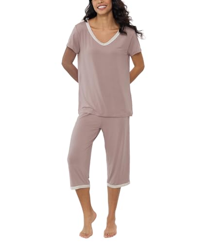 Joyaria Damen Schlafanzug Kurz-Top mit 3/4 Pyjamahose Coole Sommer Pyjamas Zweitiliger Bambus Loungewear Weicht Sleepwear(Hellrosa,XXL) von Joyaria