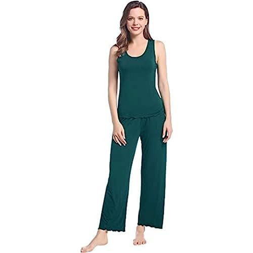 Joyaria Damen Schlafanzug Sommer Kurz Pyjama Set mit Ärmellos-Top und Lange Pyjamahose Hausanzug Zweiteilige Nachtwäsche Weich für Frauen(Grün,Größe S) von Joyaria