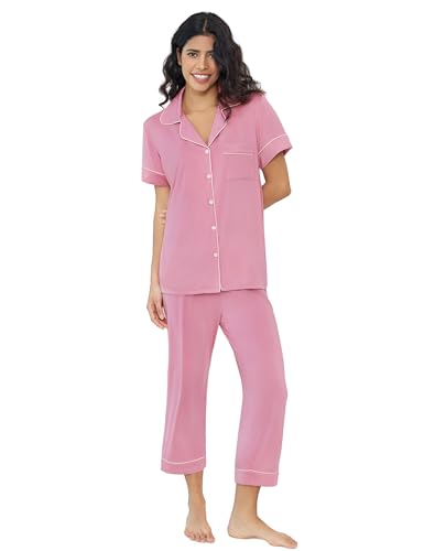 Joyaria Pyjama Damen Kurzarm Schlafanzug Set mit Knöpfen Kurz Sleepwear V-Ausschnitt Sommer Nachtwäsche mit Caprihose Leicht Sleepshirt Viskose Hausanzug(Staubige Rose,S) von Joyaria