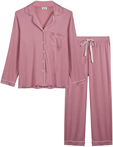 Joyaria Damen Schlafanzug Lang mit Knopfleiste/Winter Knöpfen Pyjama Langarm für Winter Nachtwäsche Hausanzug Zweiteiliger （Staubige Rose,Größe XL von Joyaria