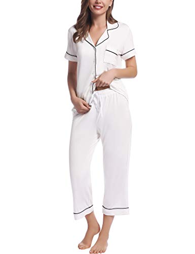 Joyaria Pyjamas Damen Kurz mit Knopfleiste Sommer Schlafanzug Zweiteiliger Kurzarm V-Ausschnitt Sleepshirt Bequeme Viskose Nachtwäsche Hausanzug mit 3/4 Pyjamahose(Weiß,XL) von Joyaria