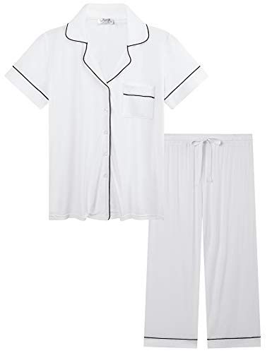 Joyaria Pyjamas Damen Kurz mit Knopfleiste Sommer Schlafanzug Zweiteiliger Kurzarm V-Ausschnitt Sleepshirt Bequeme Viskose Nachtwäsche Hausanzug mit 3/4 Pyjamahose(Weiß,XL) von Joyaria