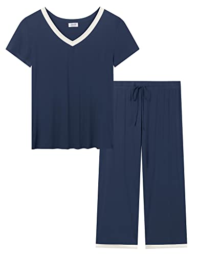 Joyaria Pyjama Damen Kurzen Top und 3/4 Hosen Schlafanzug Frauen Schlafanzüge 3/4 Hose Nachtwäsche(Marineblau, M) von Joyaria