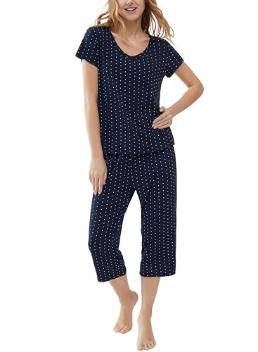 Schlafanzug Damen Kurz-Kurzarm Sommer Zweiteiliger Sommer Pyjama Sets Capri Nachtwäsche Nachthemd Hausanzug(Marineblau gepunktet,M) von Joyaria