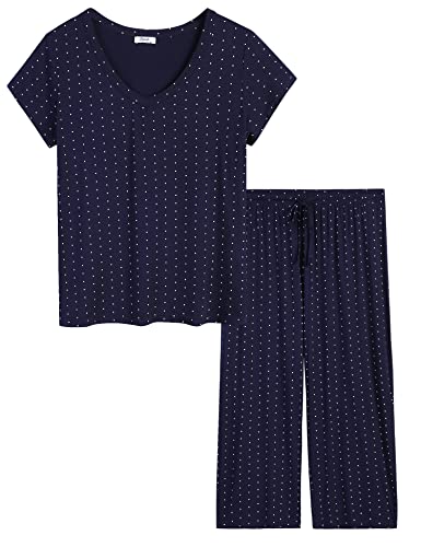 Joyaria Pyjama Damen Kurzen Top und 3/4 Hosen Schlafanzug Frauen Schlafanzüge 3/4 Hose Nachtwäsche(Marineblauer Punkt, M) von Joyaria