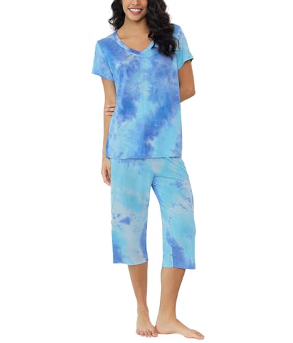 Schlafanzug Damen Kurz-Kurzarm Sommer Zweiteiliger Sommer Pyjama Sets Capri Nachtwäsche Nachthemd Hausanzug(Tie Dye,M) von Joyaria