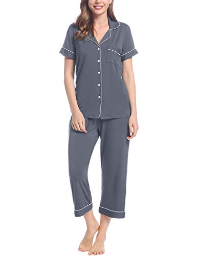 Joyaria Pyjama Damen Kurz Schlafanzug Zweiteiliger Sommer Hausanzug V-Ausschnitt Kuzarm mit Knopf Sleepwear Bequemer Viskose Kurze Oberteil und 3/4 Pyjamahose(Dunkelgrau,M) von Joyaria