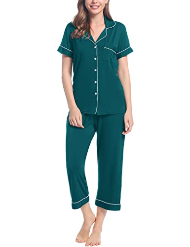 Joyaria Pyjama Damen Kurz Schlafanzug Zweiteiliger Sommer Hausanzug V-Ausschnitt Kuzarm mit Knopf Sleepwear Bequemer Viskose Kurze Oberteil und 3/4 Pyjamahose(Grün,M) von Joyaria