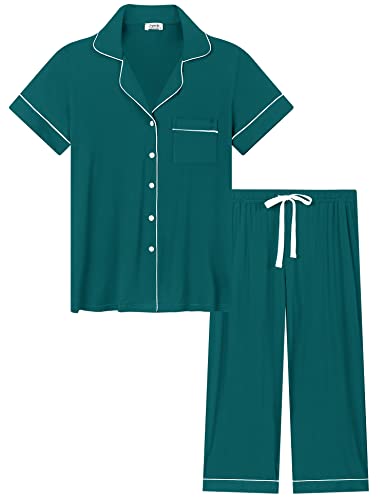 Joyaria Pyjama Damen Leicht Schlafanzug Kurz mit Knopfleiste Nachtwäsche Sleepwear Hausanzug Kurzarm Oberteil und Pyjamahose Zweiteiliger(Grün,M) von Joyaria