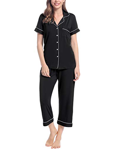 Joyaria Pyjama Damen Kurz Schlafanzug Zweiteiliger Sommer Hausanzug V-Ausschnitt Kuzarm mit Knopf Sleepwear Bequemer Viskose Kurze Oberteil und 3/4 Pyjamahose(Mitternacht Schwarz,M) von Joyaria