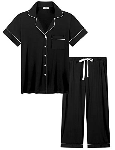 Joyaria Pyjama Damen Leicht Schlafanzug Kurz mit Knopfleiste Nachtwäsche Sleepwear Hausanzug Kurzarm Oberteil und Pyjamahose Zweiteiliger(Mitternacht Schwarz,M) von Joyaria