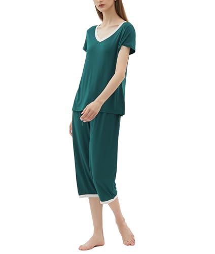 Joyaria Damen Schlafanzug Kurzarm Sommer Pyjama Set mit Capri Hose für Frauen Hausanzug Zweiteiliger Loungewear(Grün,L) von Joyaria