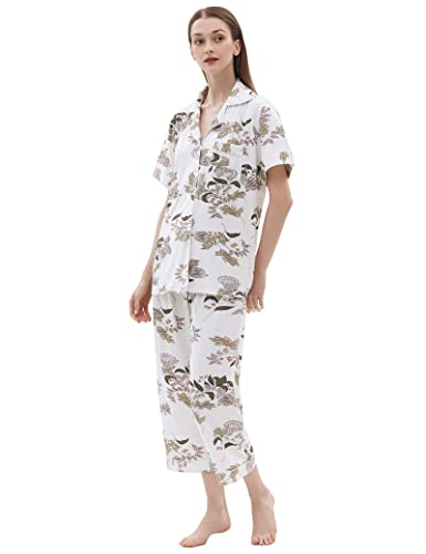 Joyaria Pyjama Damen Kurz Schlafanzug Zweiteiliger Sommer Hausanzug V-Ausschnitt Kuzarm mit Knopf Sleepwear Bequemer Viskose Kurze Oberteil und 3/4 Pyjamahose(Blumen,M) von Joyaria