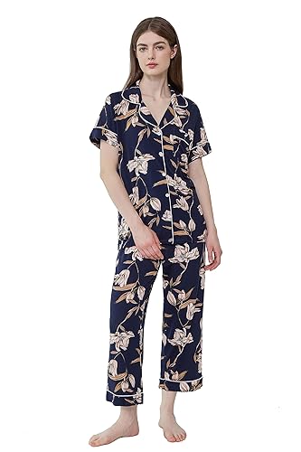 Joyaria Pyjama Damen Kurz Schlafanzug Zweiteiliger Sommer Hausanzug V-Ausschnitt Kuzarm mit Knopf Sleepwear Bequemer Viskose Kurze Oberteil und 3/4 Pyjamahose(Lily Dunkelblau,M) von Joyaria