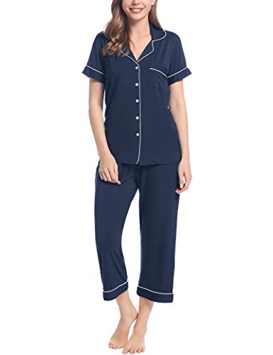 Joyaria Schlafanzug Damen Viskose Sommer Pyjamas für Frauen mit Knöpfe - V-Ausschnitt Kurzarm und 3/4 Hose Loungewear Kurz Zweiteiliger Nachtwäsche Sleepwear((Marineblau,XXL) von Joyaria