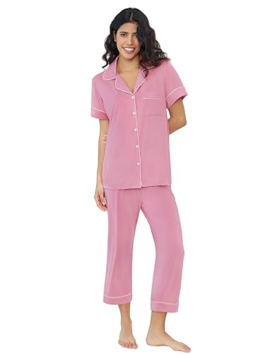 Joyaria Damen Schlafanzug Kurz Pyjamas Set für Frauen mit Knöpfe Zweiteiliger Nachtwäsche Loungewear mit V-Ausschnitt Kurzarm und 3/4 Hose(Staubige Rose,XXL) von Joyaria