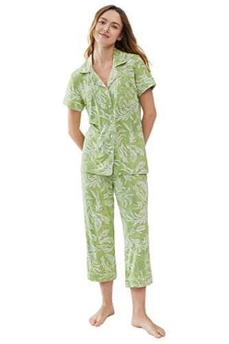 Joyaria Schlafanzug Damen Viskose Sommer Pyjamas für Frauen mit Knöpfe - V-Ausschnitt Kurzarm und 3/4 Hose Loungewear Kurz Zweiteiliger Nachtwäsche Sleepwear(Cropgrün,XXL) von Joyaria
