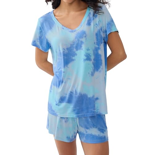 Joyaria Schlafanzug Damen Kurz Bambus Pyjama Set Shorty Nachtwäsche Zweiteilig Weich Nightwear(Blau Schnurbatik, Mittel) von Joyaria