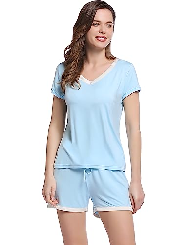 Joyaria Damen Schlafanzug Kurz Leicht Pyjama Set Baumwolle Weich Kurzarm Nachtwäsche Hausanzug Zweiteiliger(Hellblau,Größe XL) von Joyaria