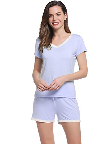 Joyaria Damen Schlafanzug Kurz Leicht Pyjama Set Baumwolle Weich Kurzarm Nachtwäsche Hausanzug Zweiteiliger(Lila,Größe XL) von Joyaria