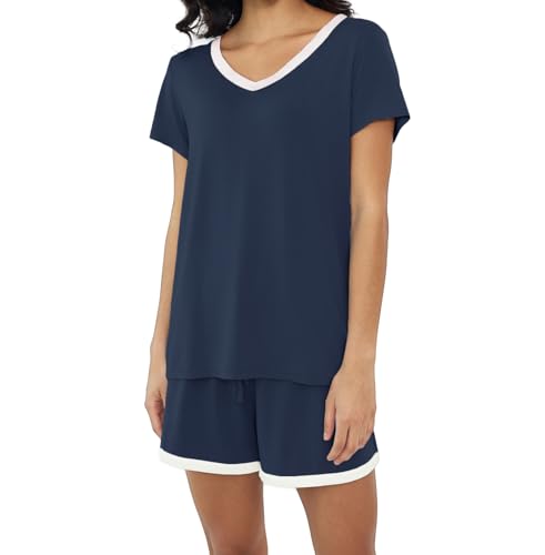 Joyaria Damen Schlafanzug Kurz Pyjama-Set Zweiteilig Pyjamas Bambus Nachtwäsche gemütlich Sleepwear(Marineblau, Groß) von Joyaria