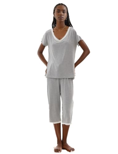 Joyaria Damen Schlafanzug Kurzarm Sommer Pyjama Set mit Capri Hose für Frauen Hausanzug Zweiteiliger Loungewear(Hellgrau,L) von Joyaria