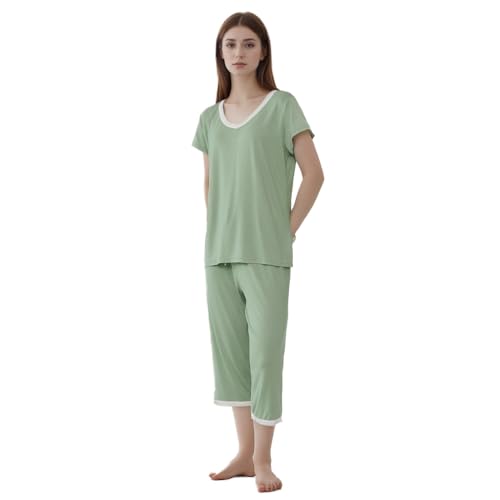 Joyaria Damen Schlafanzug Kurzarm Sommer Pyjama Set mit Capri Hose für Frauen Hausanzug Zweiteiliger Loungewear(Salbei Grün,L) von Joyaria