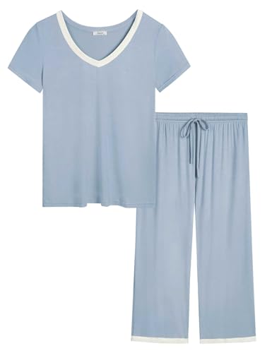 Joyaria Pyjamas Set Damen kurzärmligen Schlafanzug Capri 3/4 Lang Hose Sommer Nachtwäsche(Taubenblau, XXL) von Joyaria