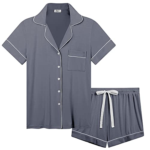 Joyaria Schlafanzug Damen Kurz Pyjama Set mit Knopfleiste/Knöpfe Jersey Kurzarm Zweiteiliger Nachtwäsche Hausanzug(Dunkelgrau, Größe XXL) von Joyaria