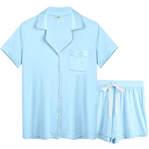 Joyaria Schlafanzug Damen Kurz Pyjama Set mit Knopfleiste/Knöpfe Jersey Kurzarm Zweiteiliger Nachtwäsche Hausanzug(Hellblau, Größe XXL) von Joyaria
