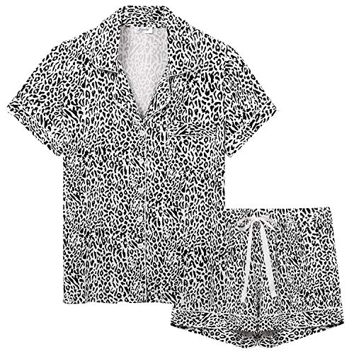 Joyaria Schlafanzug Damen Kurz Pyjama Set mit Knopfleiste/Knöpfe Jersey Kurzarm Zweiteiliger Nachtwäsche Hausanzug(Leopard, Größe XXL) von Joyaria