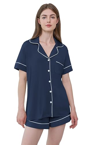 Joyaria Schlafanzug Damen Kurz Pyjama Set mit Knopfleiste/Knöpfe Jersey Kurzarm Zweiteiliger Nachtwäsche Hausanzug(Marineblau, Größe XXL) von Joyaria